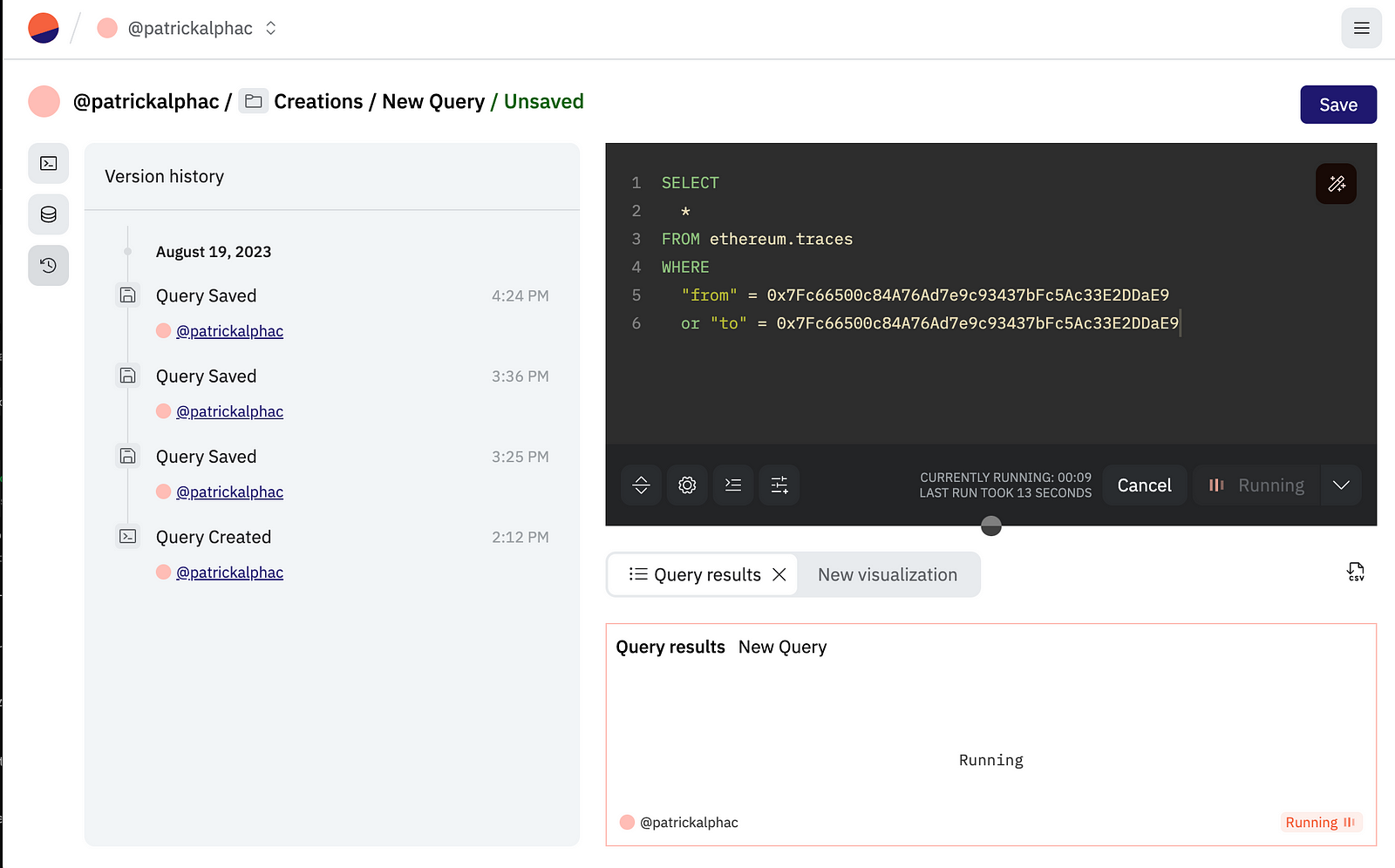 Get all transactions from a contract or wallet using dune analytics