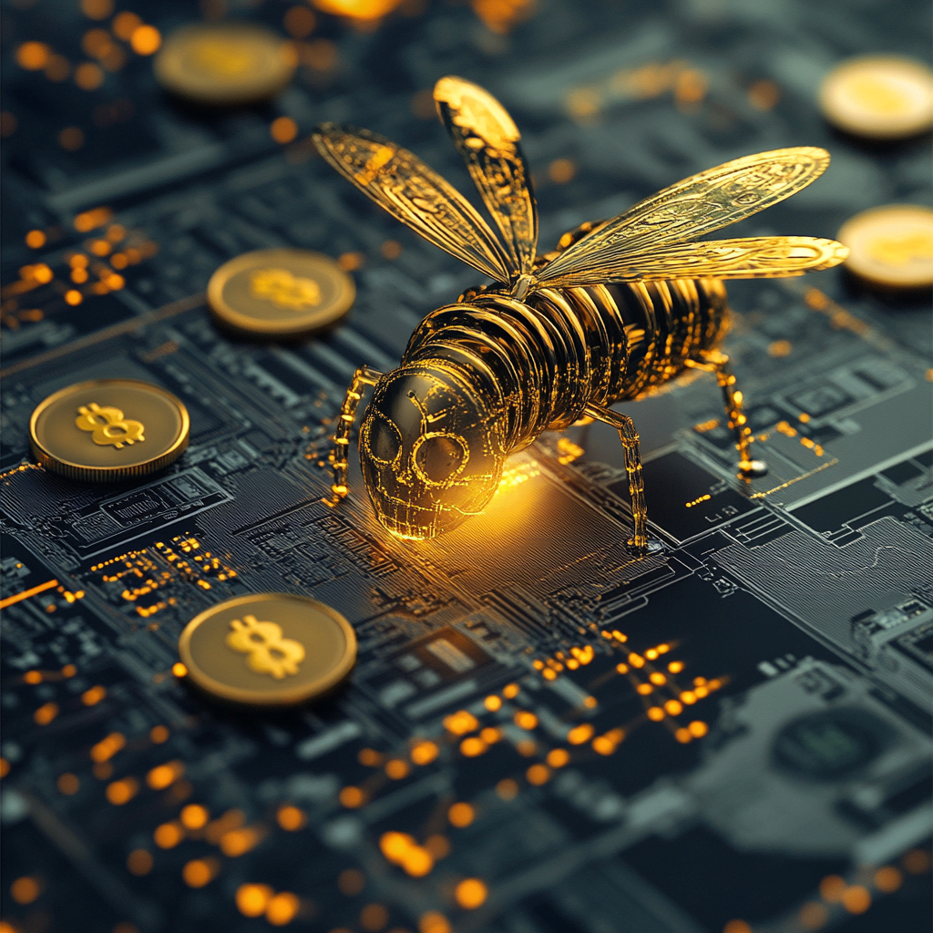 Cybernetic bee in a crypto rag illustrating a crypto honeypot scam.