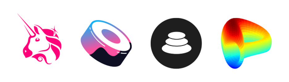Image of the logos of four popular AMMs: Uniswap, Sushiswap, Balancer, Curve.