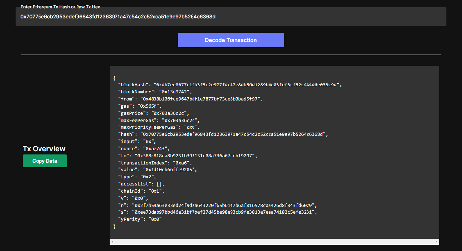 Image displaying the output of a hash from an Ethereum transaction decoder.
