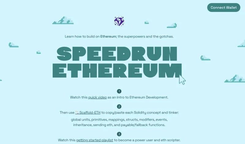 A landing page for Speedrun Ethereum, offering quick Ethereum development tutorials and scaffolding tools for Solidity concepts.