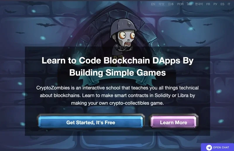 A promotional banner for CryptoZombies, an interactive platform for learning blockchain and smart contract development by building games.