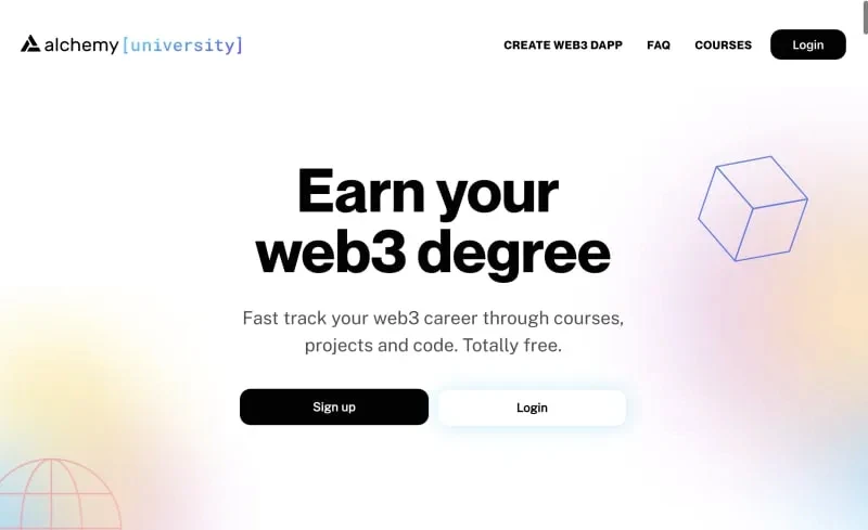 A landing page for Alchemy University, promoting free web3 courses to fast-track blockchain development careers.