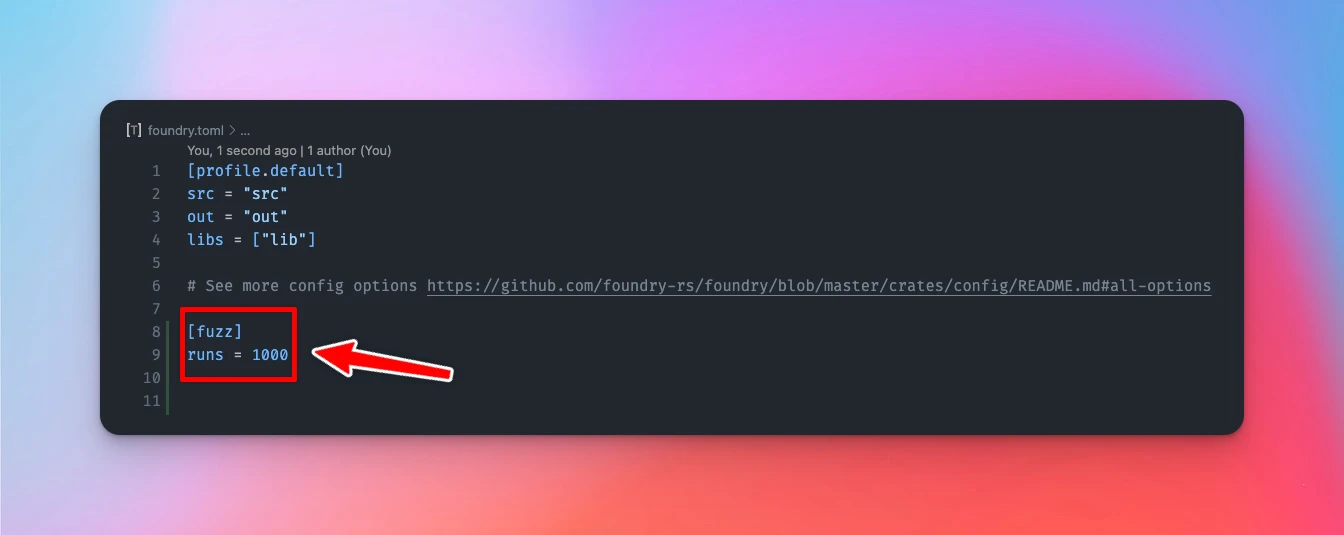 image showing how to set fuzz runs (umber of times a fuzz test should run) using foundry.toml