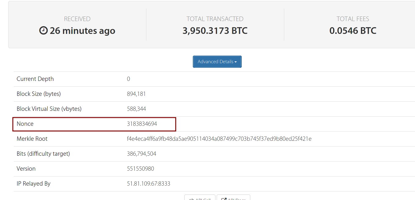 Bitcoin block details highlighting the nonce value (3183834694) used in Proof of Work mining to meet network difficulty criteria.