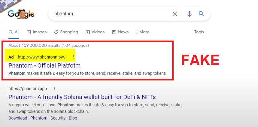 Fake Phantom wallet Google ad linking to a fraudulent website for phishing.