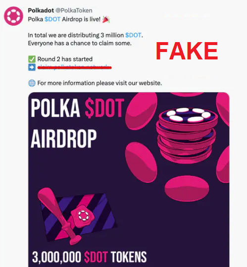 Fake Polkadot airdrop scam promoting 3 million $DOT tokens with malicious intent.