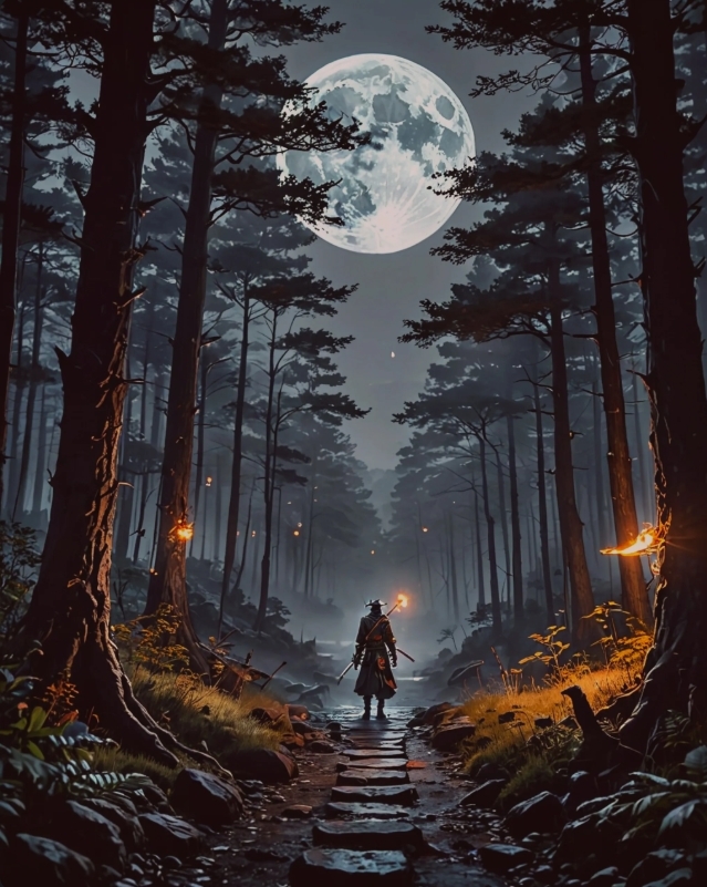 A mysterious forest under a full moon, with a lone figure holding a torch on a stone path.
