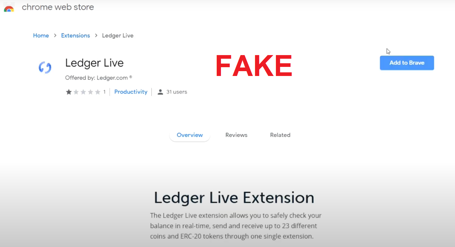 Fake Ledger Live Chrome extension designed to steal user credentials.