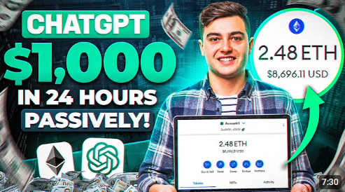 Scam promotion alleging $1,000 passive income in 24 hours using ChatGPT and Ethereum.
