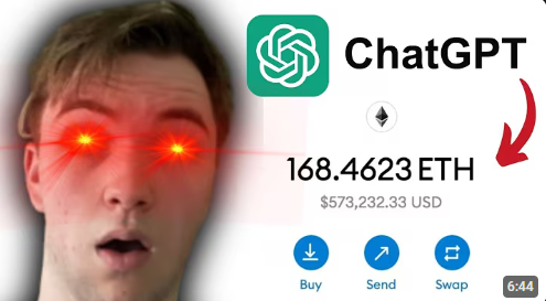 Misleading ad falsely claiming ChatGPT helped earn 168 ETH in crypto.