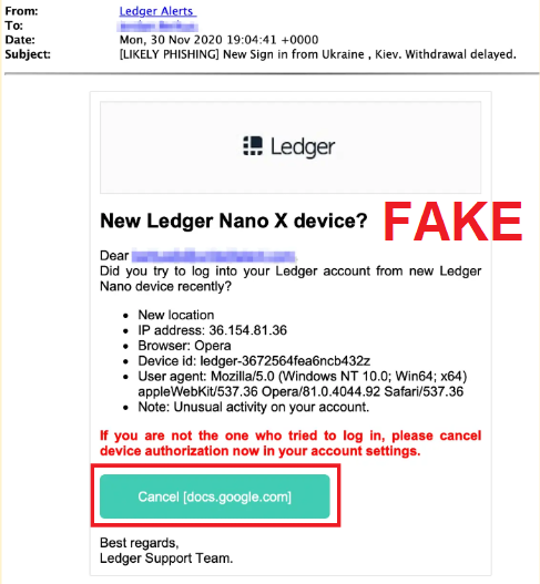 Phishing email mimicking Ledger support to steal user credentials through a malicious link.