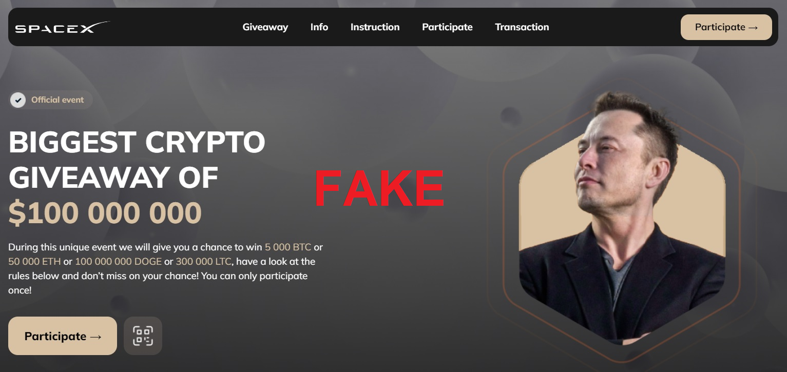 Fake SpaceX crypto giveaway promising $100,000,000 to lure victims into scams.