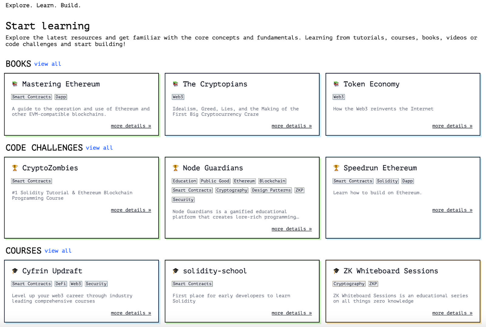 A categorized display of blockchain learning resources, including books, courses, and challenges such as CryptoZombies and Speedrun Ethereum.