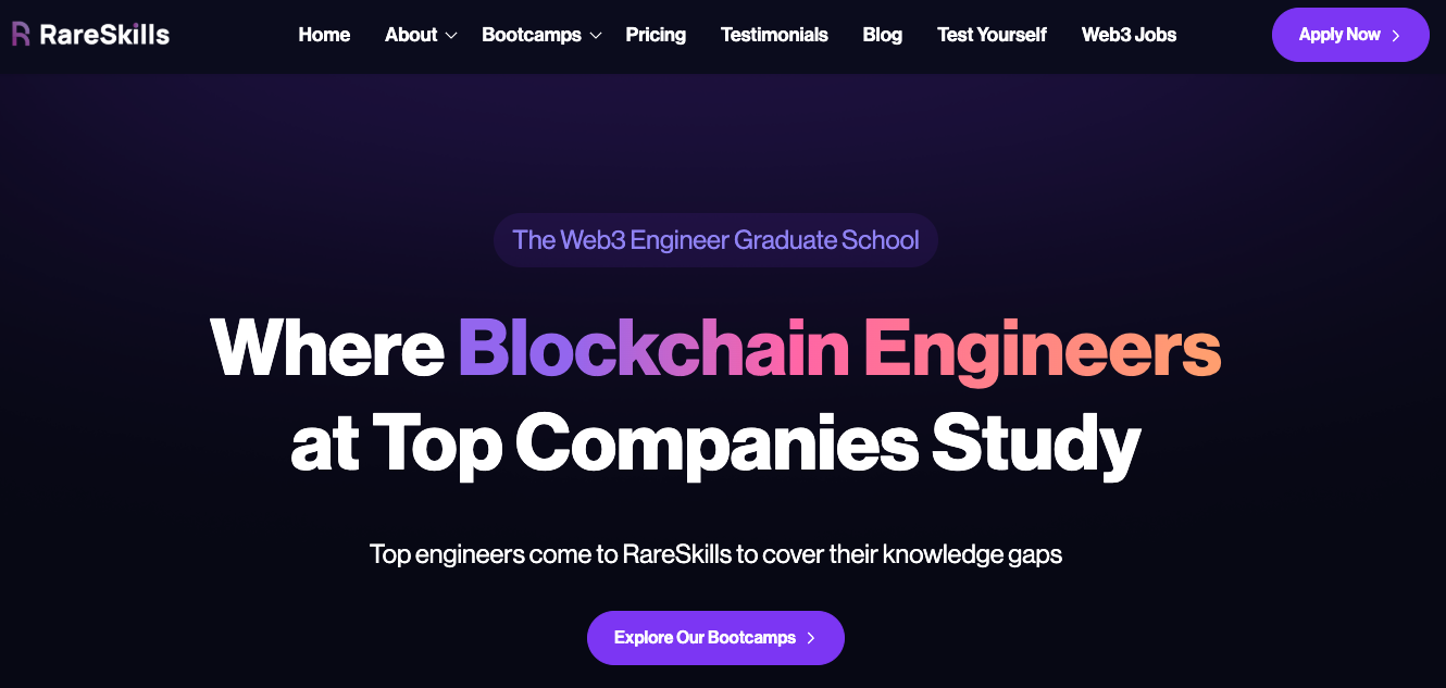 A website for RareSkills, a blockchain engineering bootcamp targeting knowledge gaps for top engineers.