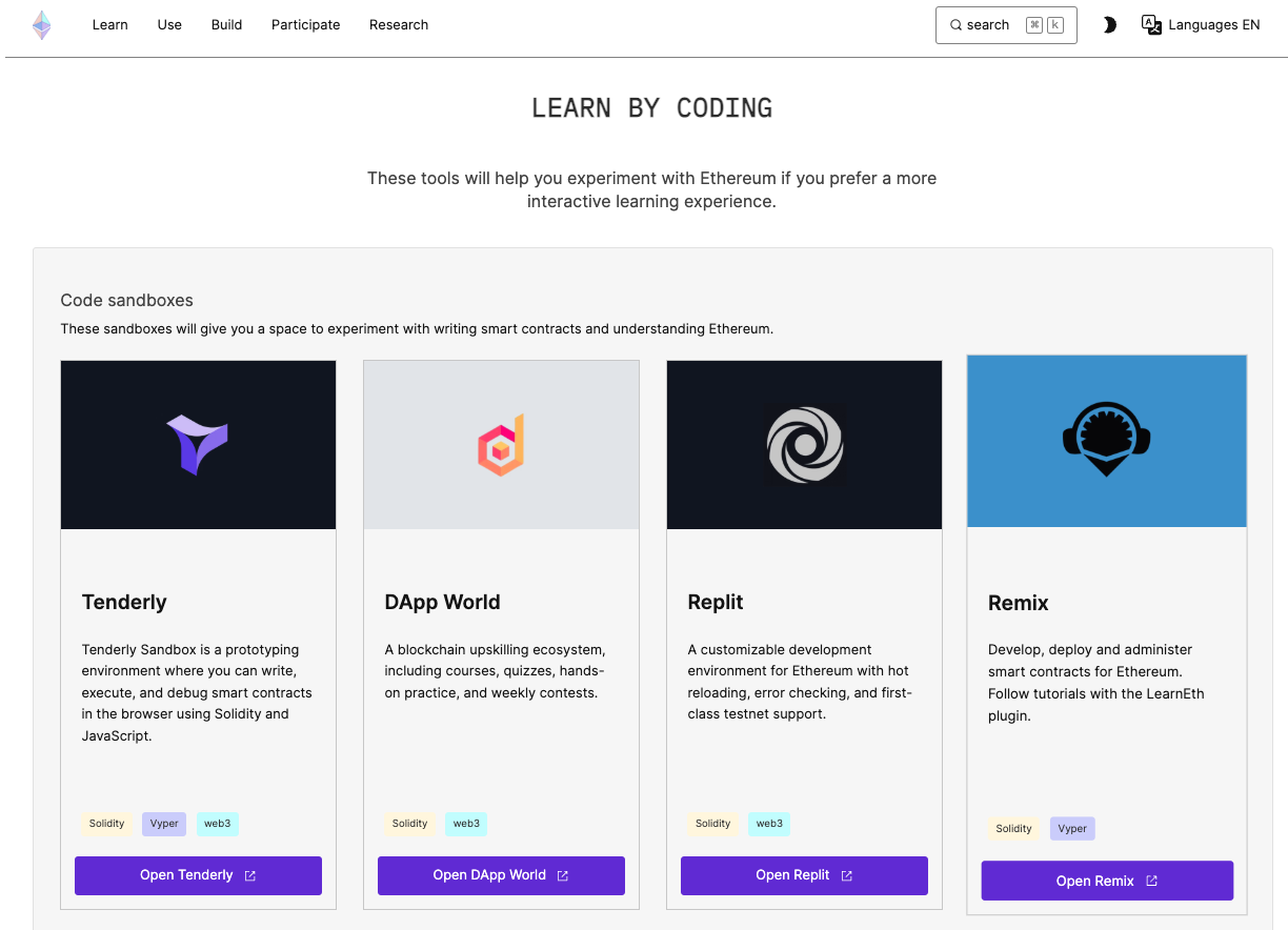 A showcase of Ethereum coding sandboxes like Tenderly, DApp World, and Remix, designed for hands-on smart contract experimentation and learning.