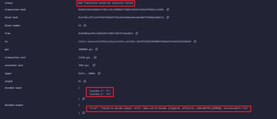 A blockchain transaction error showing "Transaction mined but execution failed," with details of a decoding issue in the output.