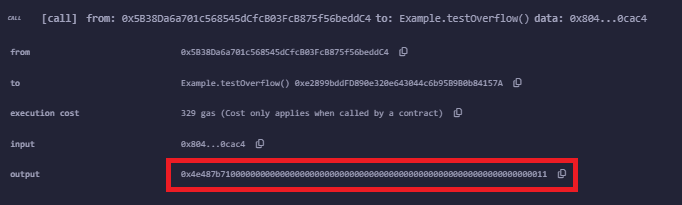A blockchain contract call showing successful execution with a hexadecimal output indicating the result.