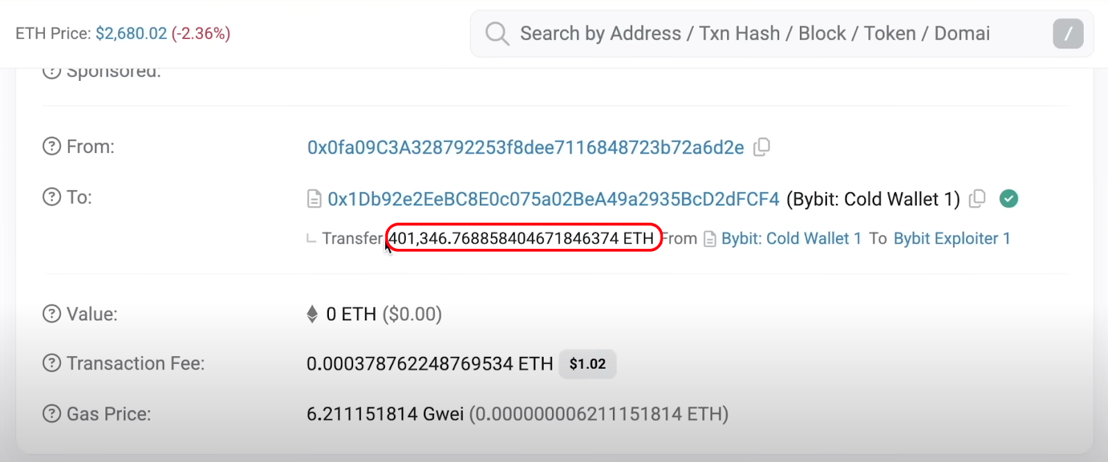 Blockchain explorer showing a large ETH transfer of over 401,000 ETH from Bybit’s cold wallet to an exploiter’s address.