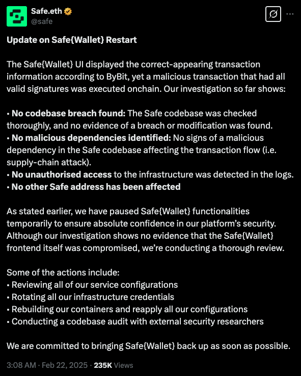 Safe.eth announces a security review after Bybit's $1.4B hack, stating no codebase breach but taking precautionary measures.