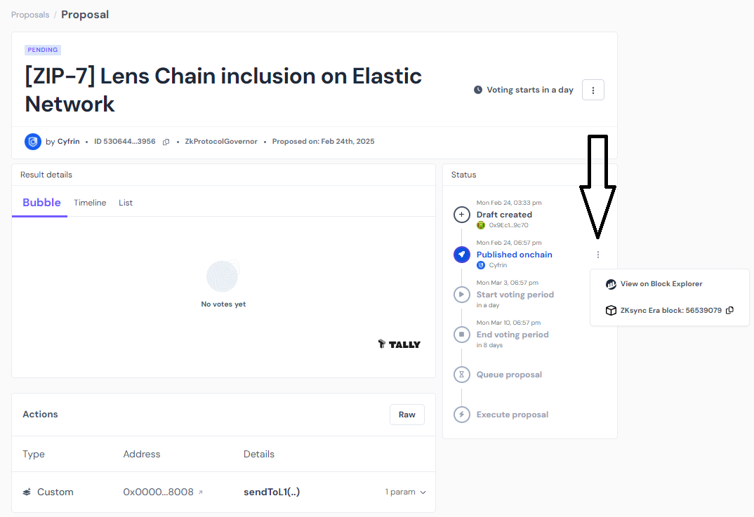 A screenshot of a governance proposal on Tally for [ZIP-7] Lens Chain inclusion on Elastic Network, showing its status, timeline, and an option to view the transaction on the ZKSync block explorer.