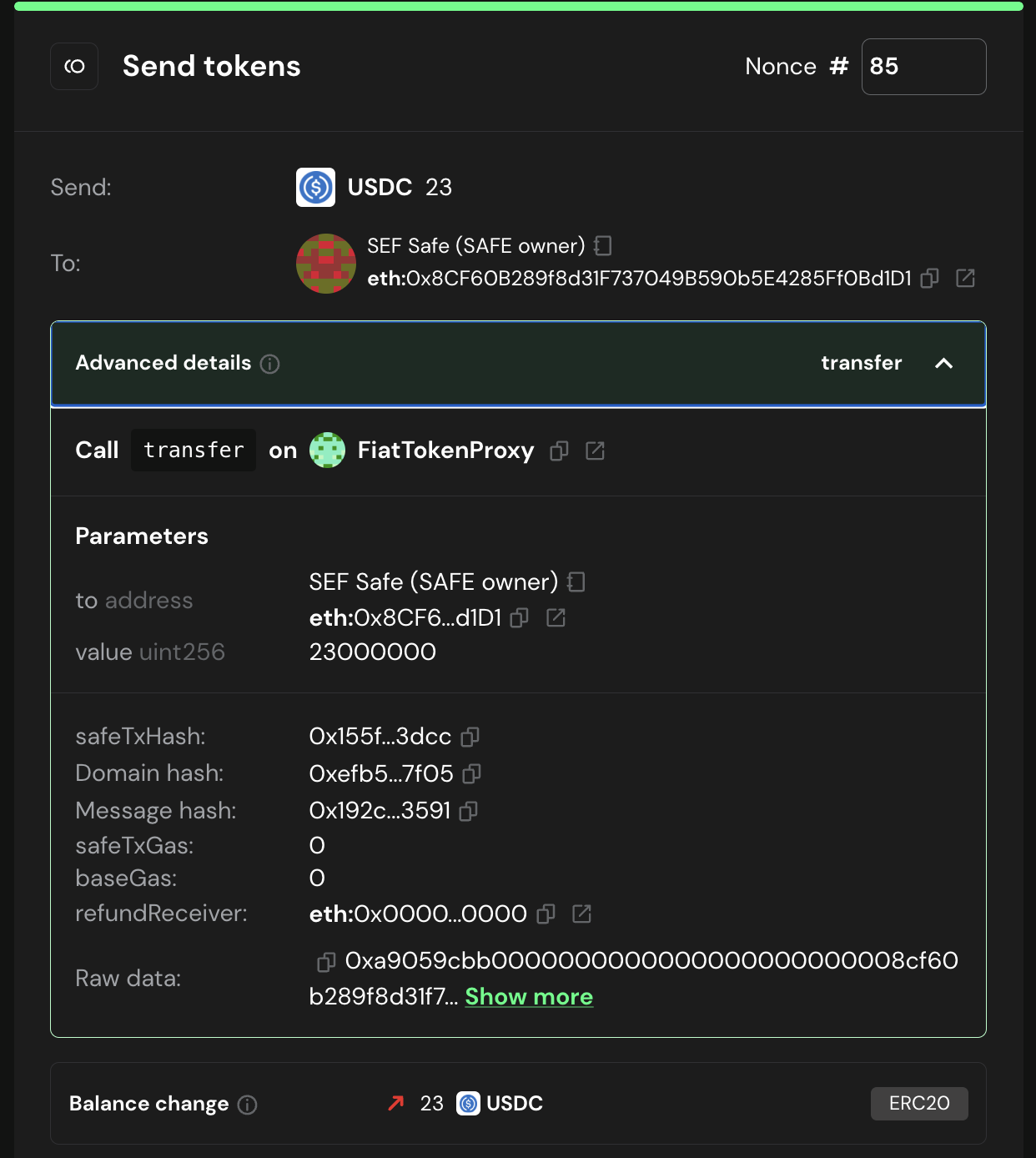 A UI screenshot from Safe Wallet showing detailed transaction parameters, including hashes, destination, and raw calldata for user verification.