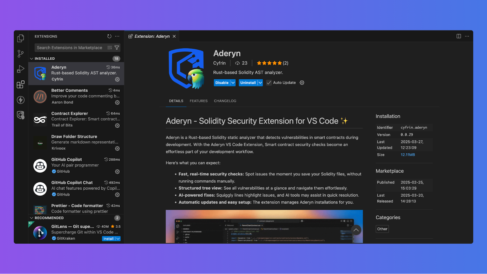 Screenshot of the Aderyn Solidity security extension in the VS Code marketplace, showing features and installation details.