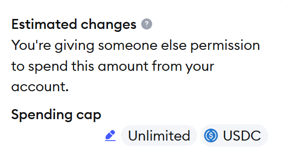 MetaMask confirmation screen warning that the user is granting unlimited USDC spending permission to another address.