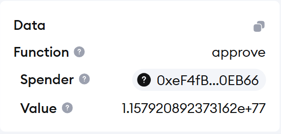 MetaMask approval screen showing a spender address and a large value in scientific notation, indicating an unusually high token approval.