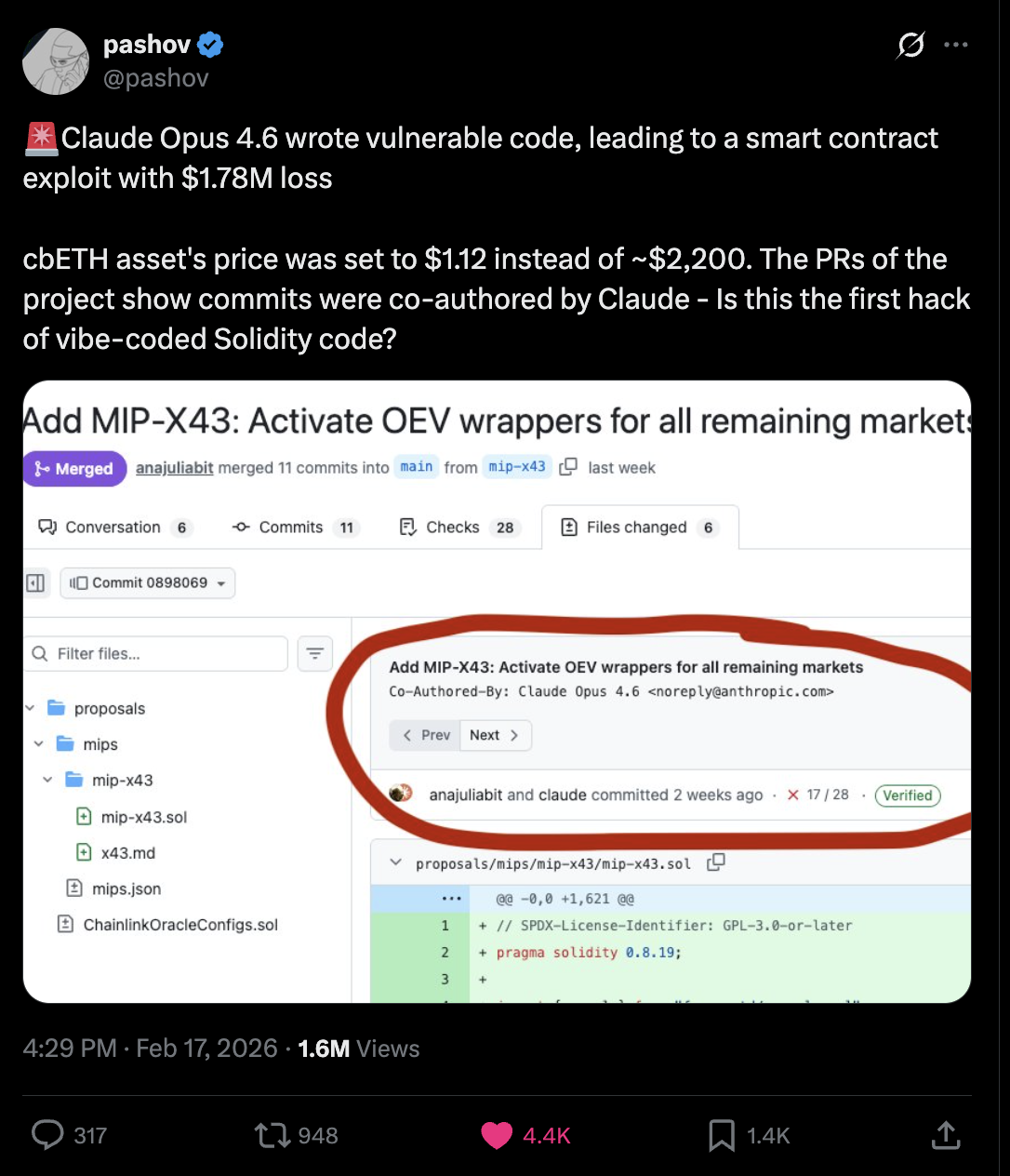 The Moonwell Incident — Claude helped co-author a git commit that mispriced ETH